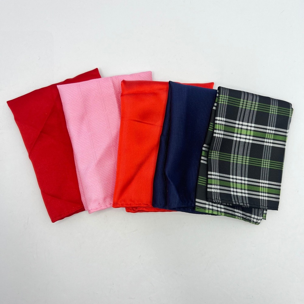 Lot of 5 Pocket Squares Mens 9" Plaid Green Blue Red Pink Formal Suit Accessory